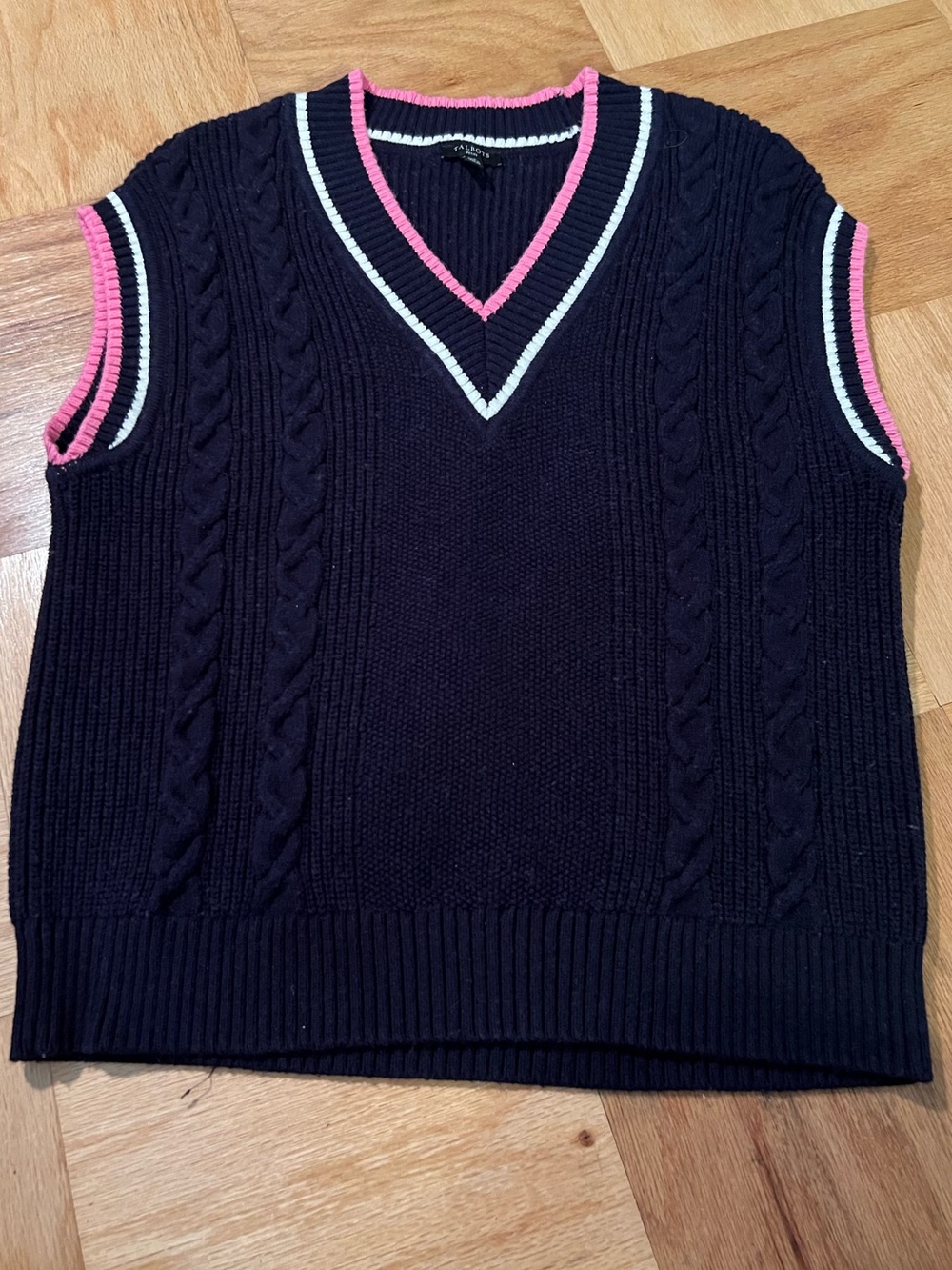 Talbots Navy V-Neck Sweater Vest with White and Pink Stripe Accents
